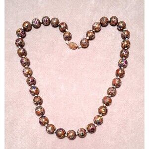 Chinese Export Painted Bead Necklace Gold Pink Red Flowers